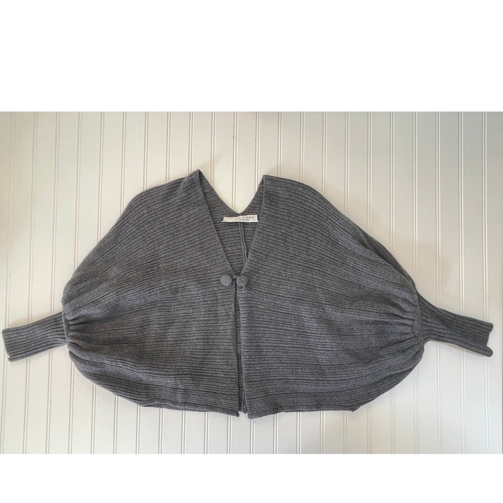 Trina Turk Grey 100% Wool Ribbed Knit Cardigan Frog Button Wrap Sweater OSFM